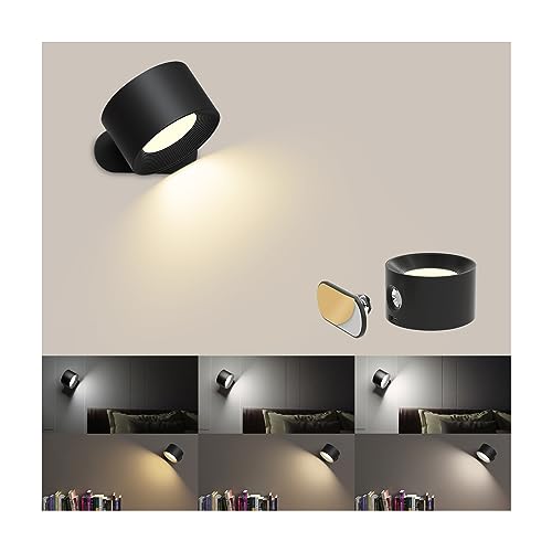 AKSDA Led Wall Sconces, Wall Lamps with Battery Operated , Wall Mounted Cordless Lights with 3 Color Temperature&3 Brightness, 360° Magnetic Ball, USB Charging Port for Reading Study Bedside - Black