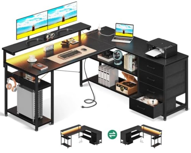 AODK 53" L Shaped Desk with Drawer, Computer Desk with Power Outlets & LED Lights, Reversible Corner Gaming Desk for Home Office Workstation, Office Desk with Monitor Shelf, Pure Black - Pure Black - 53 inches