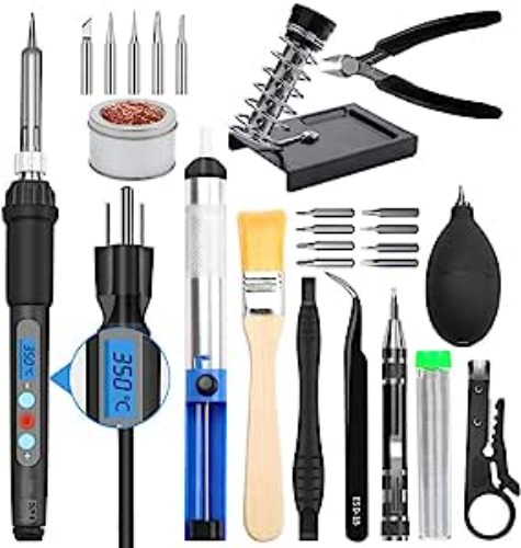 Electronic Soldering Iron Kit, Kingsdun 60W LCD Digital Soldering Gun with Adjustable Temperature & Fast Heating Ceramic Thermostatic Design, ON-Off Switch 15pcs Solder Kit & Welding Tool