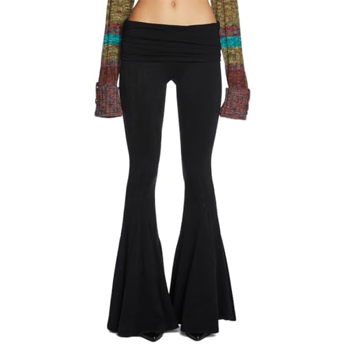 Dolls Kill Dew Morning Flare Pants by Current Mood – Ruched Jersey, Foldover Waistline, Low Rise Fit with Flared Leg - Small - Black