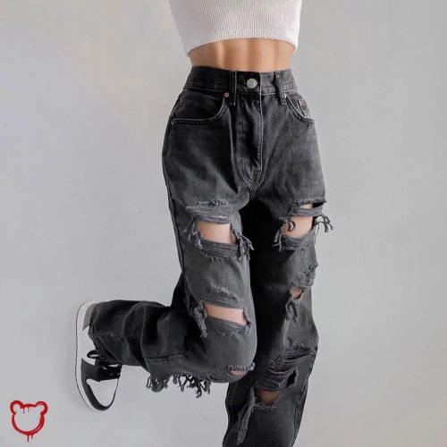 Black Ripped Denim Pants - as picture / S