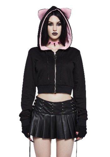 Meow Mingle Cropped Hoodie | BLACK / Small