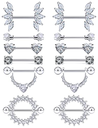 Lcolyoli 14G Surgical Steel Nipple Rings for Women Nipple Shield Barbell Ring Bar Nipple Piercing Jewelry Clear Diamond CZ Set - 14g-6 pairs-silvertone