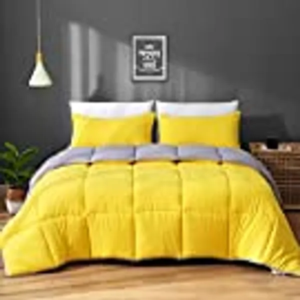 APSMILE Reversible Comforter Set King, 3 Piece All-Season Down Alternative Comforter with Shams, Ultra-Soft Cloud Fluffy Recycled Microfiber Quilt Duvet, Illuminating Yellow/Ultimate Gray