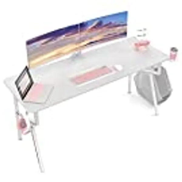 EUREKA ERGONOMIC White Computer Desk, 63 x 24 Inch K Shaped Long Gaming Desk for Home Office Work Study Writing Table with Cable Management, Cup Holder, Headphone Hook, Mouse Pad, Easy to Assemble