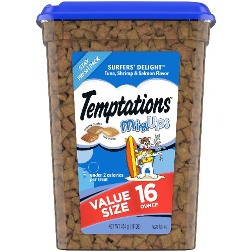 TEMPTATIONS MIXUPS Crunchy and Soft Cat Treats Surfer's Delight Flavor,Tuna, Shrimp, Salmon ,16 oz. Tub - 1 Pound (Pack of 1)