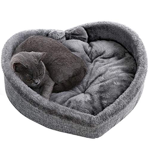 Heart Cat Pet Bed for Cats or Small Dogs, Ultra Soft Short Plush, Anti-Slip Bottom, Washable High Resilience PP Cotton, Comfortable Self Warming Autumn Winter Indoor Sleeping Cozy Kitty Teddy - Grey