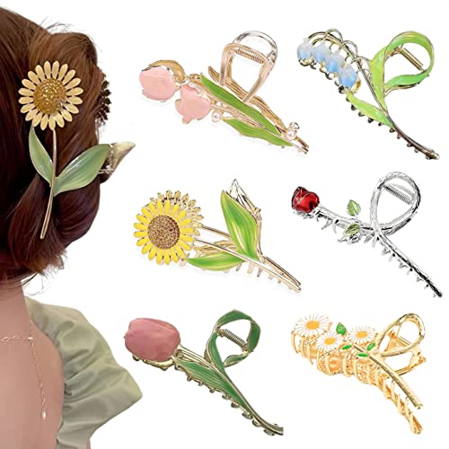 Flower Metal Hair Claw Clips 6 Pcs Cute Large Tulip NonSlip Hair Barrettes Strong Hold Hair Clamps Fashion Hair Accessories for Woman Girls with Long Thick Thin Curly Hair (A Style) - A Style