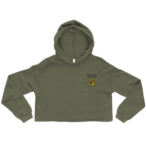 I Am a Rich Man | Embroidered Crop Hoodie | Animal Crossing - Military Green / 2XL