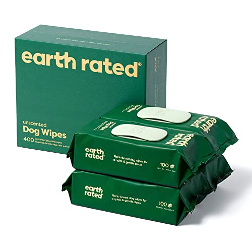 Earth Rated Dog Wipes, Thick Plant Based Grooming Wipes For Easy Use on Paws, Body and Bum, Unscented, 400 Count - 100 Count (Pack of 4) - Unscented