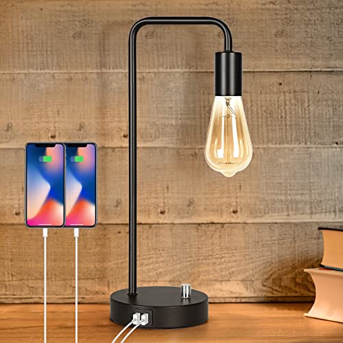 smusei Industrial Table Lamp Vintage Bedside Lamp with 2 USB Charging Port Metal Pipe Edison Lamp for Bedroom Living Room Home Office