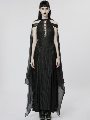 Punk Rave Black Elf Gothic Queen Sexy Elegant Long Dress with Detachable Cloak - DarkinCloset.com