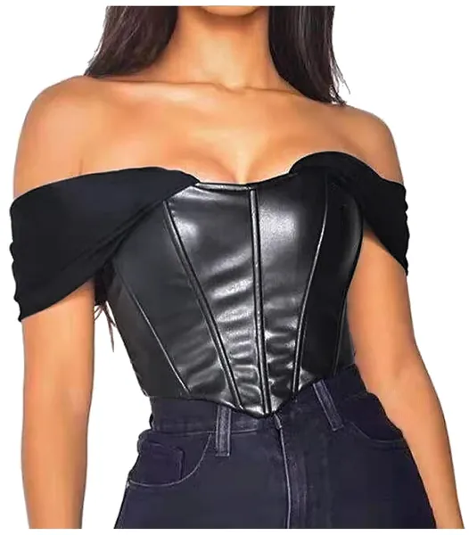 L'VOW Women's Sexy PU Leather Sweetheart Crop Top Off Shoulder Corset Mesh Sleeve Patchwork Boned Bustier - Black Small