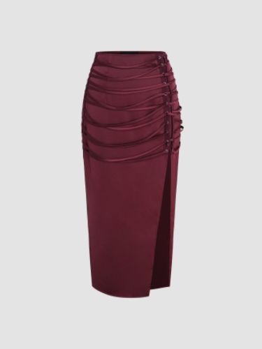 Satin High Waist Lace Up Split Midi Skirt
