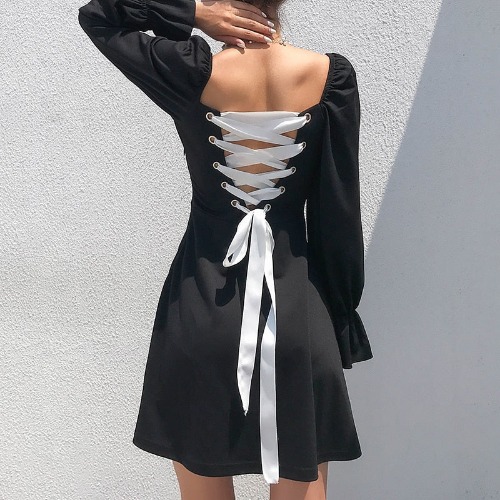 'Back for More' Black Long Sleeved Dress with White Lace | Black / S