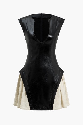 Solid Pu Patchwork Ruched Zipper Mini Dress | BLACK / S