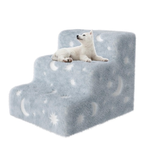 Dog Stairs for High Beds Couch, 3 Steps Pet Stairs for Small Dog Cat, Non-Slip Dog Ramp For Bed Sofa, High-Density Foam Washable Cover Dog Steps, Pet Steps for Doggy with Pet Hair Remover Roller, Gray (Moon, 3 Steps) - Moon