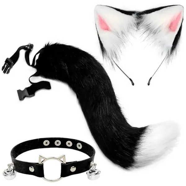 Orgoue Cat Costume Adult Women, Black Cat Ears Faux Fur Wolf Fox Tail Leather Neck Chocker Animal Costume Set for Girls Halloween Dress up Party