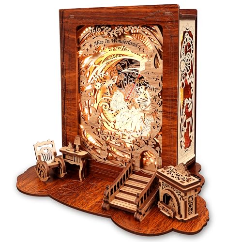 FUNPOLA Alice In Wonderland LED 3D Puzzle Nightlight - DIY Book Lamp With Clock - 3D Wood Puzzles Nightlight Home Décor for Kids and Adults - Alice - Time Travel