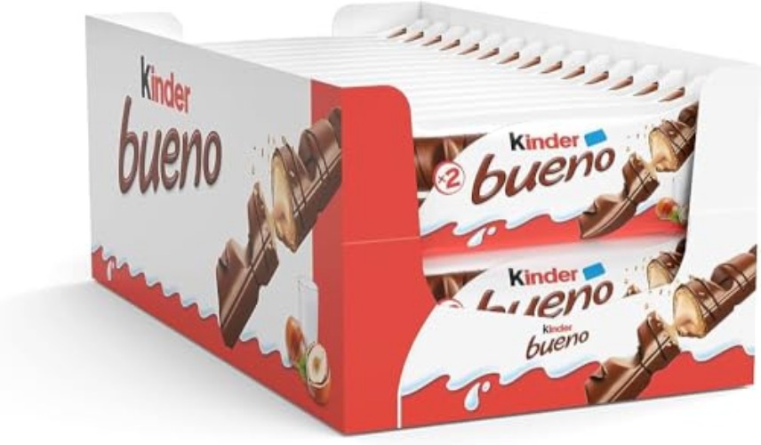 Kinder Bueno Wafer Twin Bars, Bulk Chocolate Gift Pack, Milk Chocolate Covered Wafer with Milky and Hazelnut Filling, Pack of 30 x 2 (60pcs)
