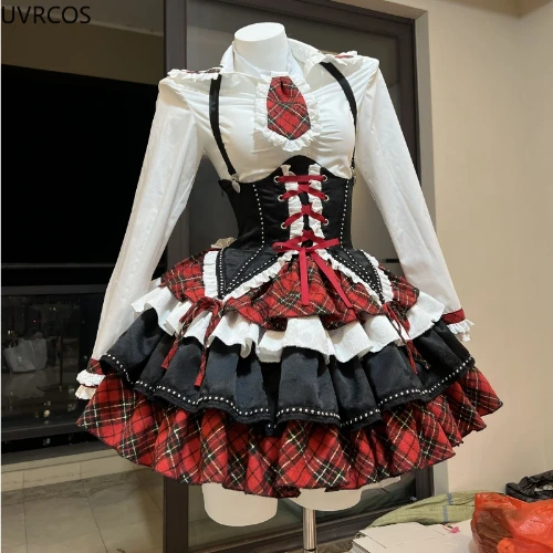 Japoński Gothic Lolita 3-częściowy zestaw damski w kratę Patchwork Kawaii słodka Mini spódniczka garnitur damski koreański szykowny strój Y2k 2023 - AliExpress 200000345