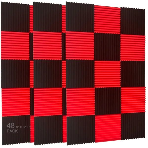 48 Pack Black red 1" x 12" x 12" Acoustic Wedge Studio Foam Sound Absorption Wall Panels - BLACK RED