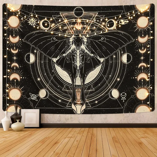 Moon Phase Tapestry Vintage Butterfly Tapestry Psychedelic Moth Tapestry Black Moon and Stars Tapestries Aesthetic Wall Art Tapestry Wall Hanging for Room(51.2 x 59.1 inches) - Black 51.2ʺ × 59.1ʺ