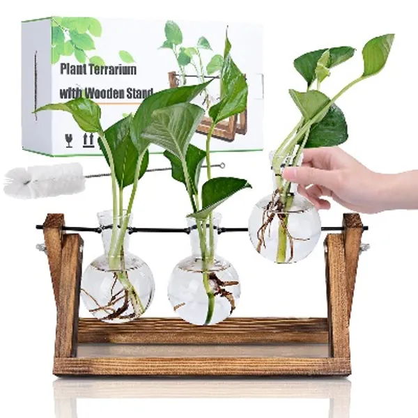Plant Propagation Stations Terrarium with Wooden Stand, Desktop Air Planter Bulb Glass Vase,for Indoor Hydroponics Water Plants Home Garden Office Decoration Accessories ,Plant Holder Lover Gifts