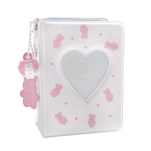 3 Inch Mini Photo Album, Heart Hollow Card Binder Photo Album Photo Card Holder with Pendant 40 Pockets (white pink rabbit) - white pink rabbit