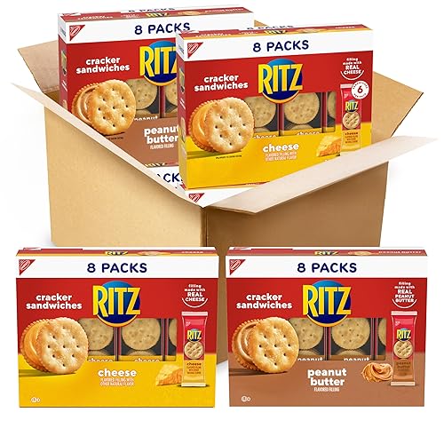 RITZ Peanut Butter Sandwich Cracker Snacks and Cheese Sandwich Crackers, Snack Crackers Variety Pack, 32 Snack Packs (6 Crackers Per Pack) - Peanut Butter & Cheese - 1.38 Ounce (Pack of 32)