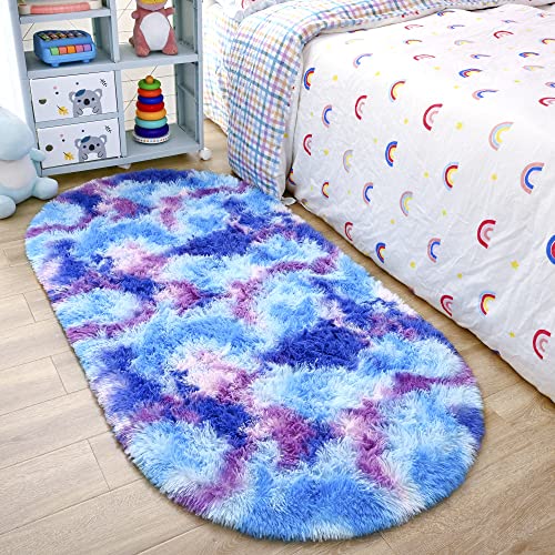 Noahas Oval Fluffy Purple Rainbow Rug 2.6X5.3 Small Kids Rugs for Bedroom Girls And Boys Aesthetic,Bedside Bedroom Rug,Ultra Soft Runner Carpet Modern Shaggy Nursery Area Rugs Home Decor'' - 2.6' X 5.3' - Z02-tie-dye Rainbow Purple