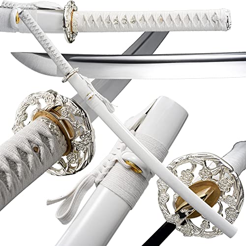 Traditional Heat/Clay Tempered Hand Forged Katana Sword | Real 1060/1095 T10 High Carbon Steel Sharp Full Tang Katanas | Practical Authentic Japanese Samurai Swords - White Plum