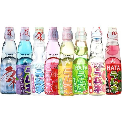 Hatakosen Ramune Soda Japanese Soft Drinks 8 Bottles Set 200ml By Starry Mart (8 Bottles, 8 Different Flavours)