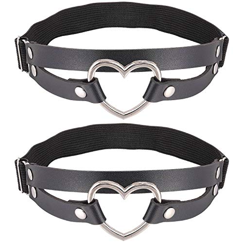FM FM42 Multicolor PU Simulated Leather Women's Gothic Double Straps Heart O Ring Leg Thigh Elastic Garter Belt, One Pair - Black, One Pair