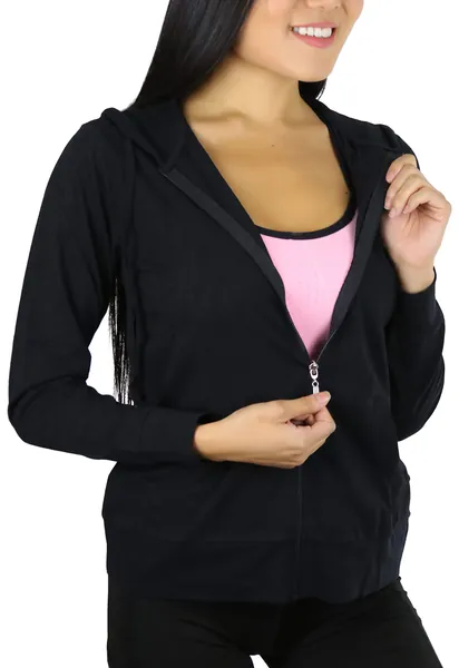 ToBeInStyle Women's Thin Fabric Long Sleeve Kangaroo Pocket Zip Up Hoodie - Medium Black