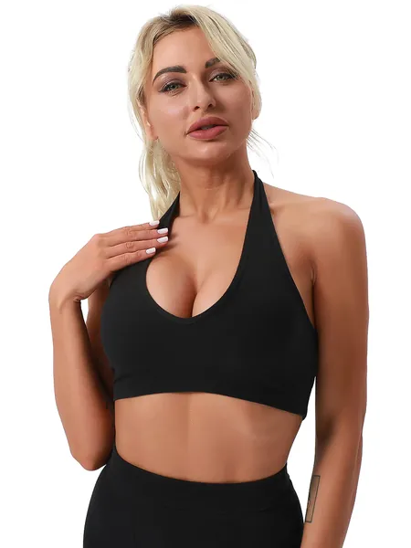 AESCONDO Modern Cotton Halter Neck Sports Bra for Women Cami Comfy Stretchy Open Back Lounge Bralettes with Support