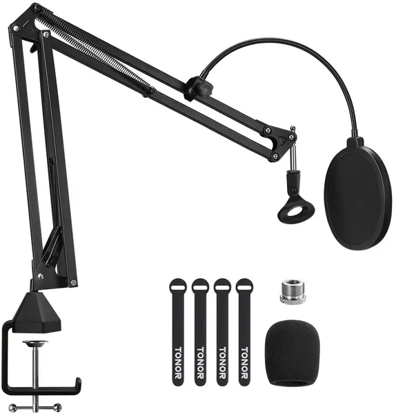 TONOR Mikrofon Ständer, einstellbarer Mikrofonarm mit Popschutz, 3/8" bis 5/8" Adapter, Mikrofonclip, verbesserte Hochleistungsklemme für Blue Yeti Nano Snowball iCE und andere Mikrofone (T20) - T20