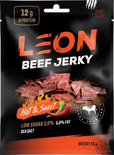 Leon Jerky Beef Hot & Sweet | 50 % protein | Högt proteinmellanmål (25 g x 15 st) | 375 g