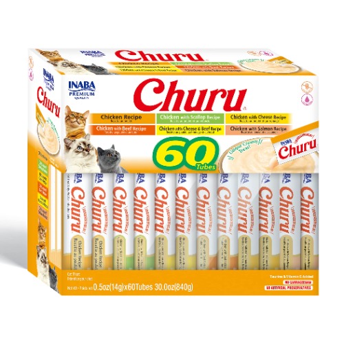 INABA Churu Cat Treats, Grain-Free, Lickable, Squeezable Creamy Purée Cat Treat/Topper with Vitamin E & Taurine, 0.5 Ounces Each, 60 Tubes, Chicken Variety Box - Chicken Variety Box