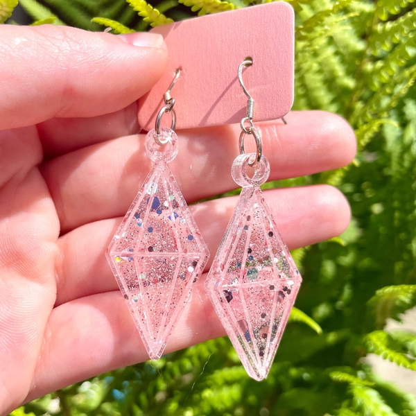 Pink Glitter Sims Plumbob Earrings, Quirky Jewellery Gift