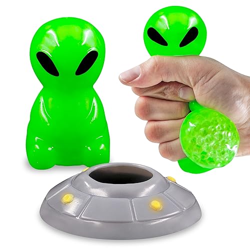 YoYa Toys Alien Beadeez Stress Ball Fidget Toy | Glow in The Dark Squishy Squeeze Sensory Water Beads UFO Toy for Anxiety, Stress Relief, Focus & Relaxation | Great Gift for Kids & Adults
