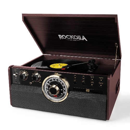 ROCKOLLA - Vinyl Plattenspieler, Bluetooth-Vintage mit Eingebauten Lautsprechern - LP-Vinyl-Schallplatten-Wiedergabe, UKW-Radio, Kassetten, CD und MP3-USB - Retro (Vanguard Braun) - Vanguard Braun