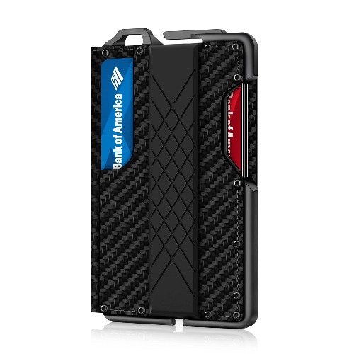Taktische minimalistische Brieftasche für Männer, schlanker RFID-blockierender Metall-Kartenhalter, Elegante Bifold Herren-Geldbörse mit Geldclip - Kohlefaser
