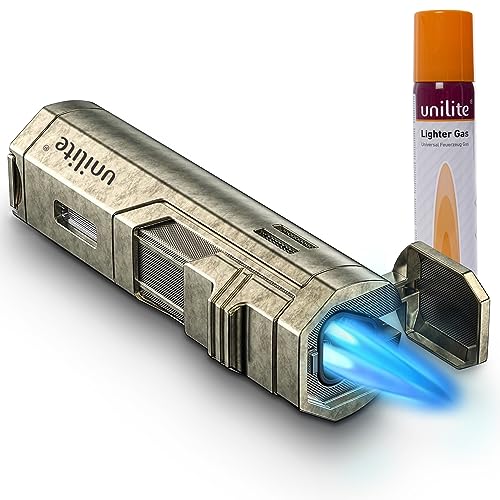 UNILITE Feuerzeug mit Gas befüllt – Sturmfeuerzeug mit Jetflame – Mit 100 ml Butan Gas im Set – Elektronisches Gasfeuerzeug befüllt & nachfüllbar –Jetflamme – Premium Feuerzeug (Bronze) - Bronze