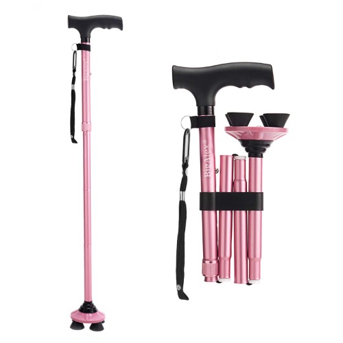 BigAlex Folding Walking Cane Pivoting Quad Base Adjustable Walking Stick with Carrying Bag for Man/Woman - pink(30"-35")