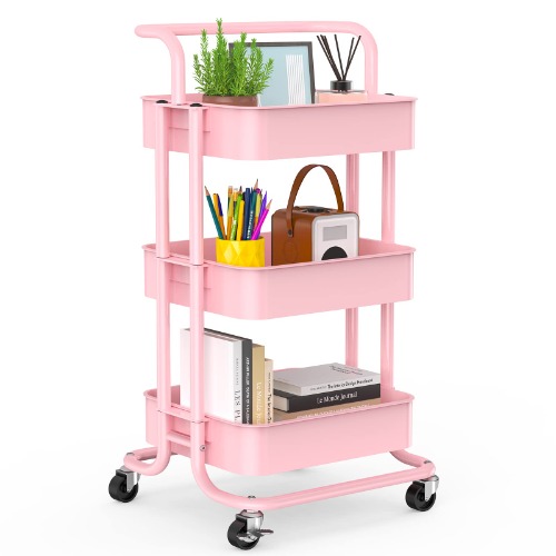 Pipishell 3 Tier Mesh Utility Cart, Rolling Metal Organization Cart with Handle and Lockable Wheels, Multifunctional Storage Shelves for Kitchen Living Room Office Pink - Pink