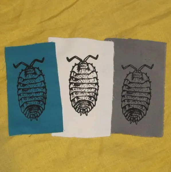 Pill Bug Patch -  Black on Turqoise, White, or Grey durable cloth - insect bug critter punk patches, roly poly, arthropod, animal