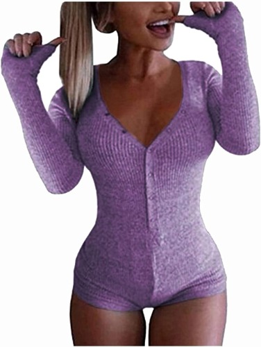 Roselux Women's Sexy Deep V Neck Shorts Long Sleeve Knitted One Piece Bodysuit Sexy Pajama Onesie Bodycon Rompers Overall - Small E-long Sleeves-purple
