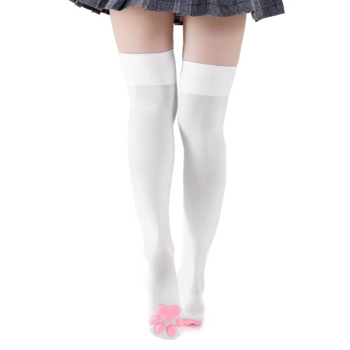 Littleforbig Thigh High Cosplay 3D Paw Pad Silicone Kitten Over The Knee Silk Stockings - White-pink