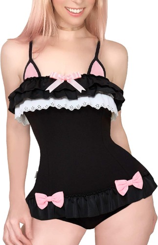 Littleforbig Cotton Fancy Kitty Romper Onesie Pajamas Teddy Lingerie One Piece Babydoll Bodysuit - Black Small